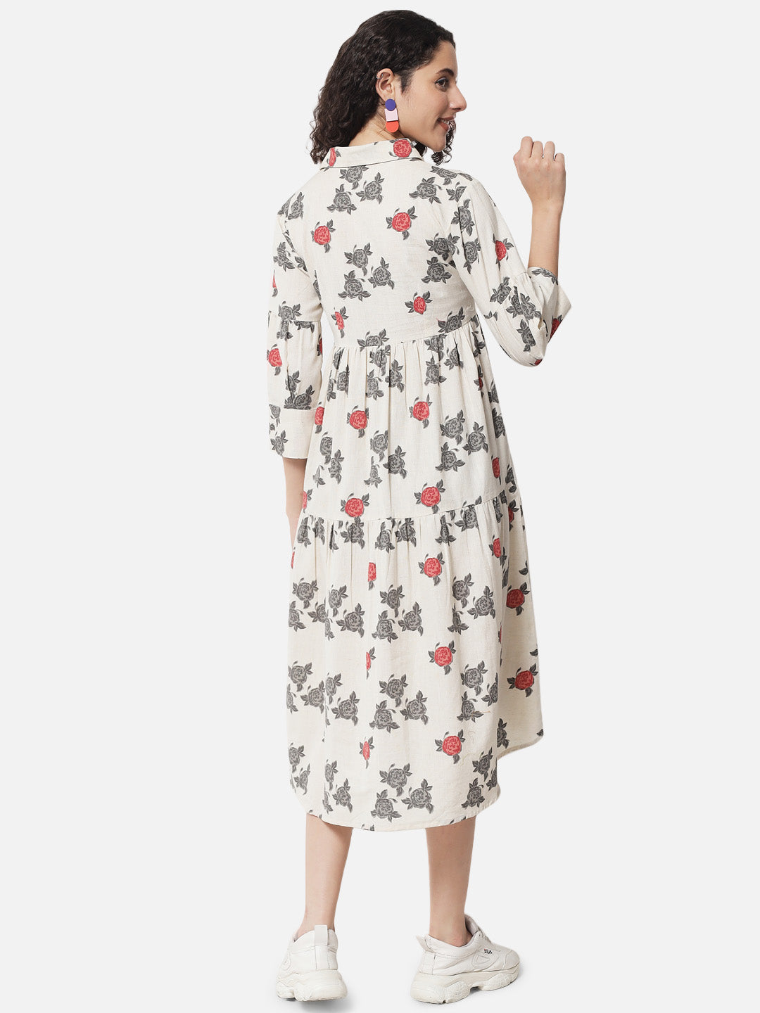 Cotton Printed Collared Midi Dress