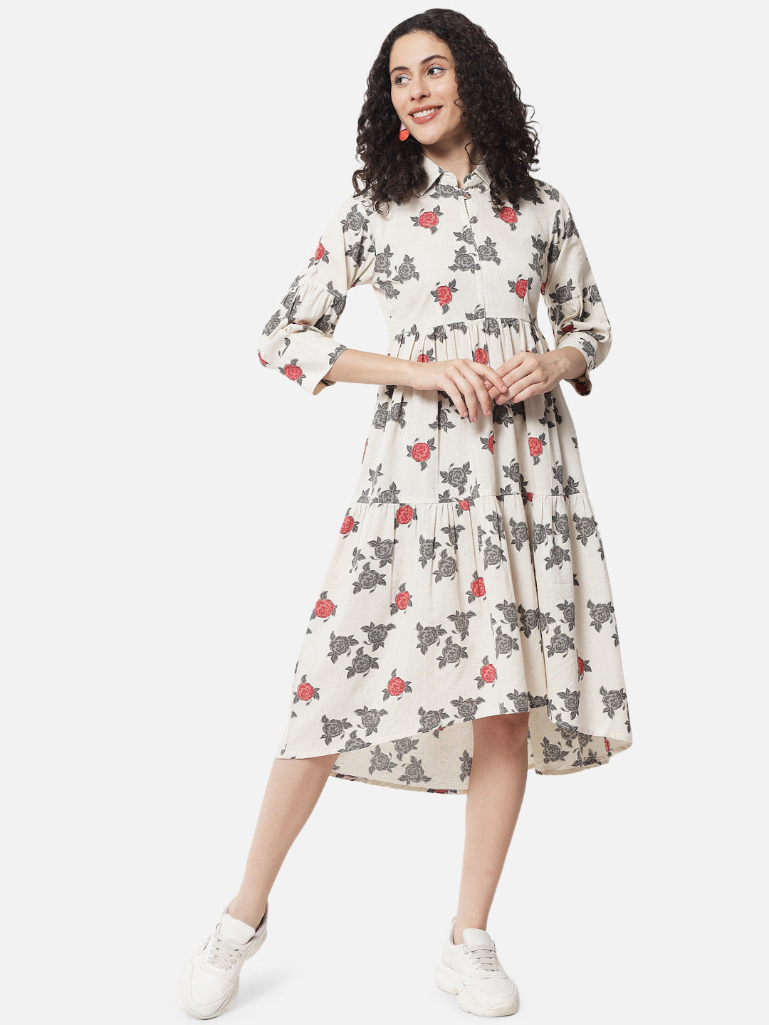 Cotton Printed Collared Midi Dress