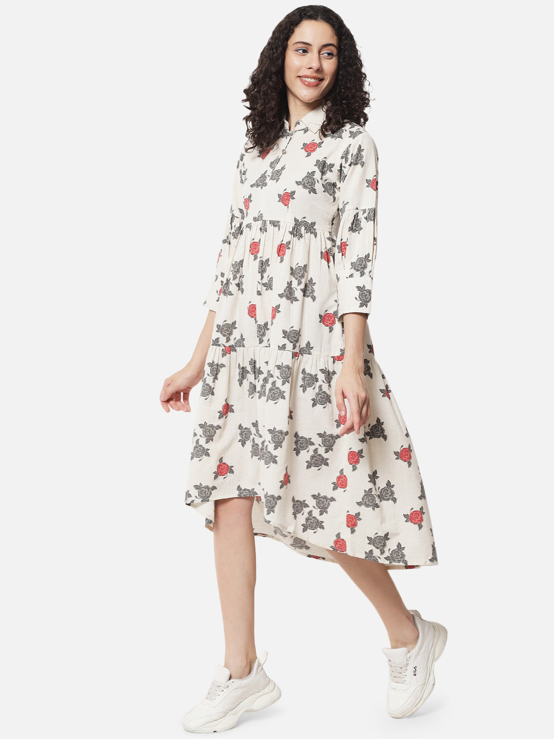 Cotton Printed Collared Midi Dress