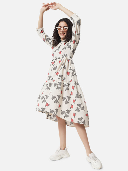 Cotton Printed Collared Midi Dress