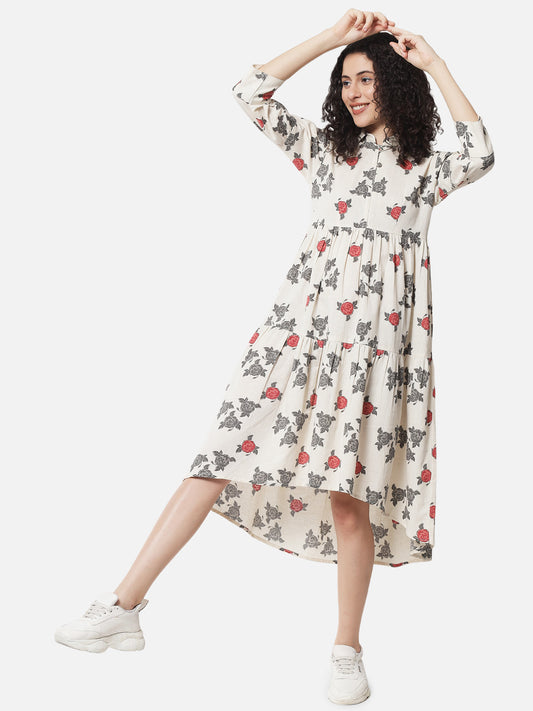 Cotton Printed Collared Midi Dress