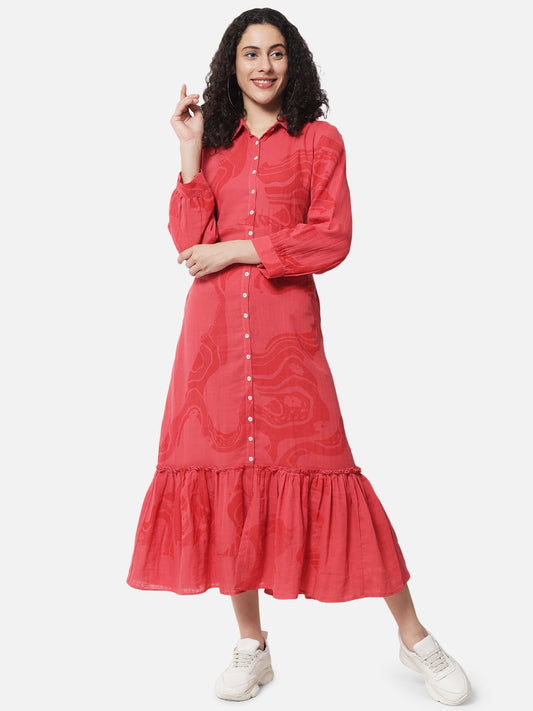 Printed ' Coral River ' Collared Midi Dress