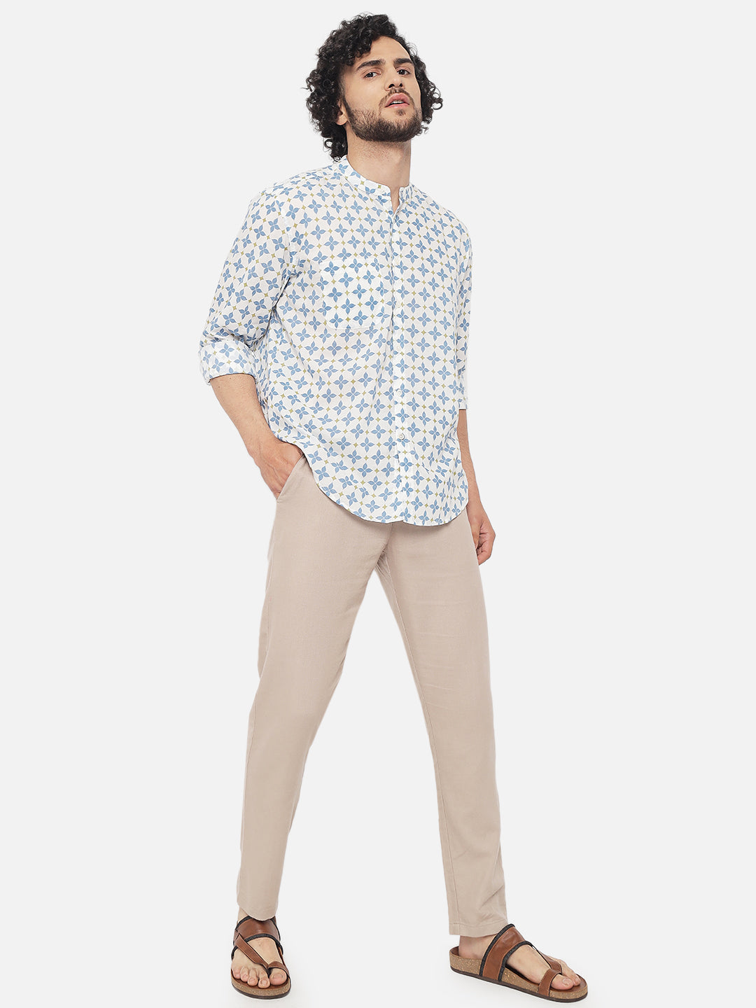 White Blue ' Jharokha Lattice ' Printed Casual Shirt