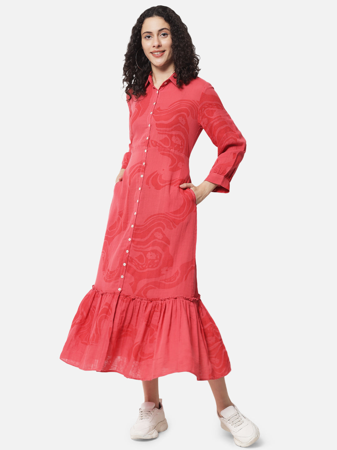 Printed ' Coral River ' Collared Midi Dress