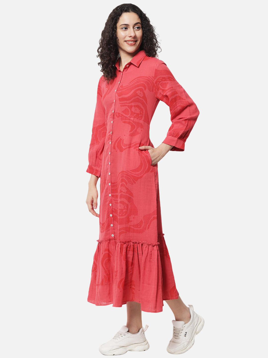 Printed ' Coral River ' Collared Midi Dress