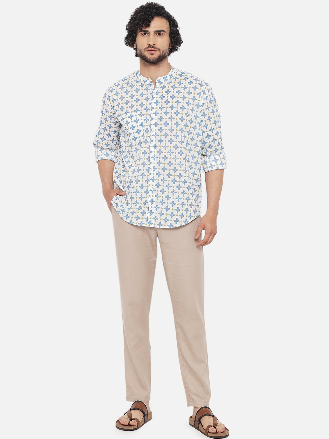 White Blue ' Jharokha Lattice ' Printed Casual Shirt