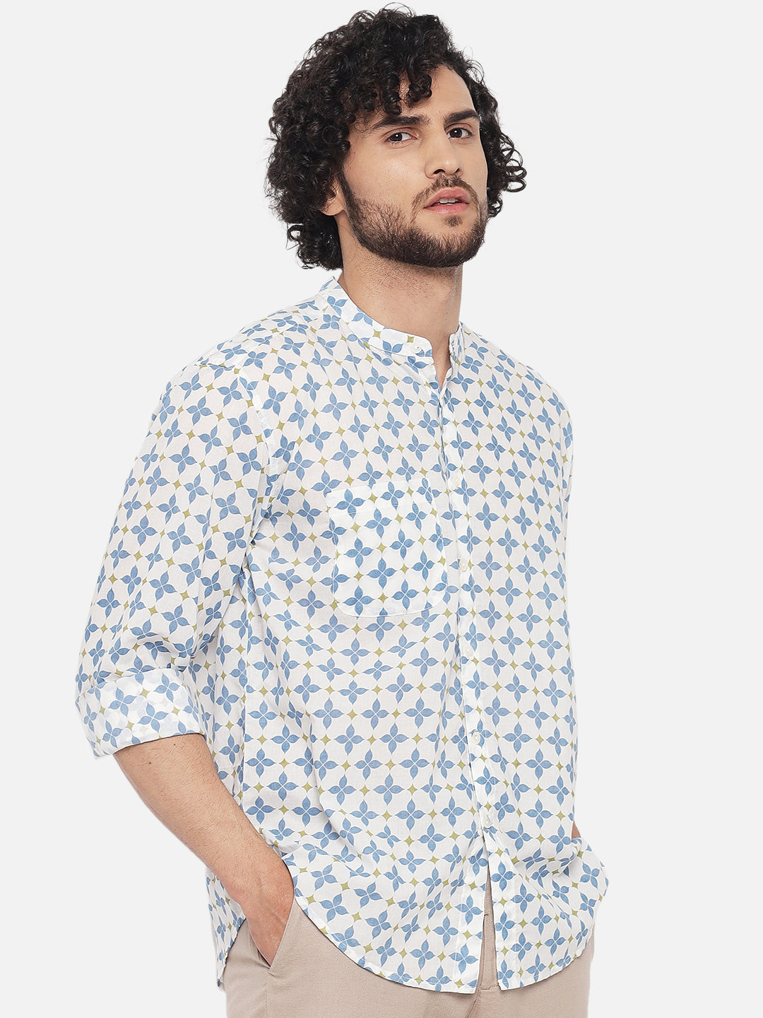 White Blue ' Jharokha Lattice ' Printed Casual Shirt
