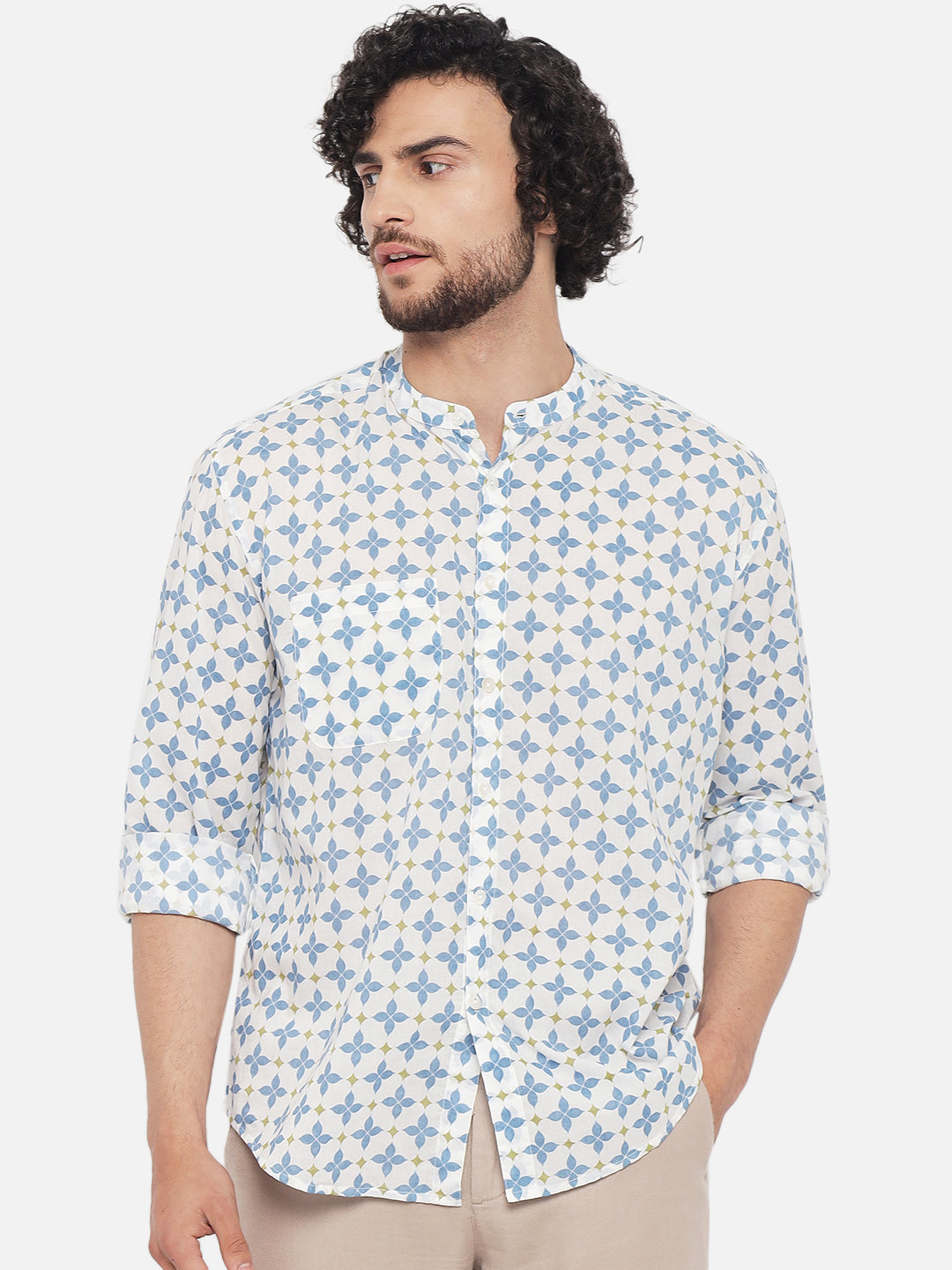 White Blue ' Jharokha Lattice ' Printed Casual Shirt