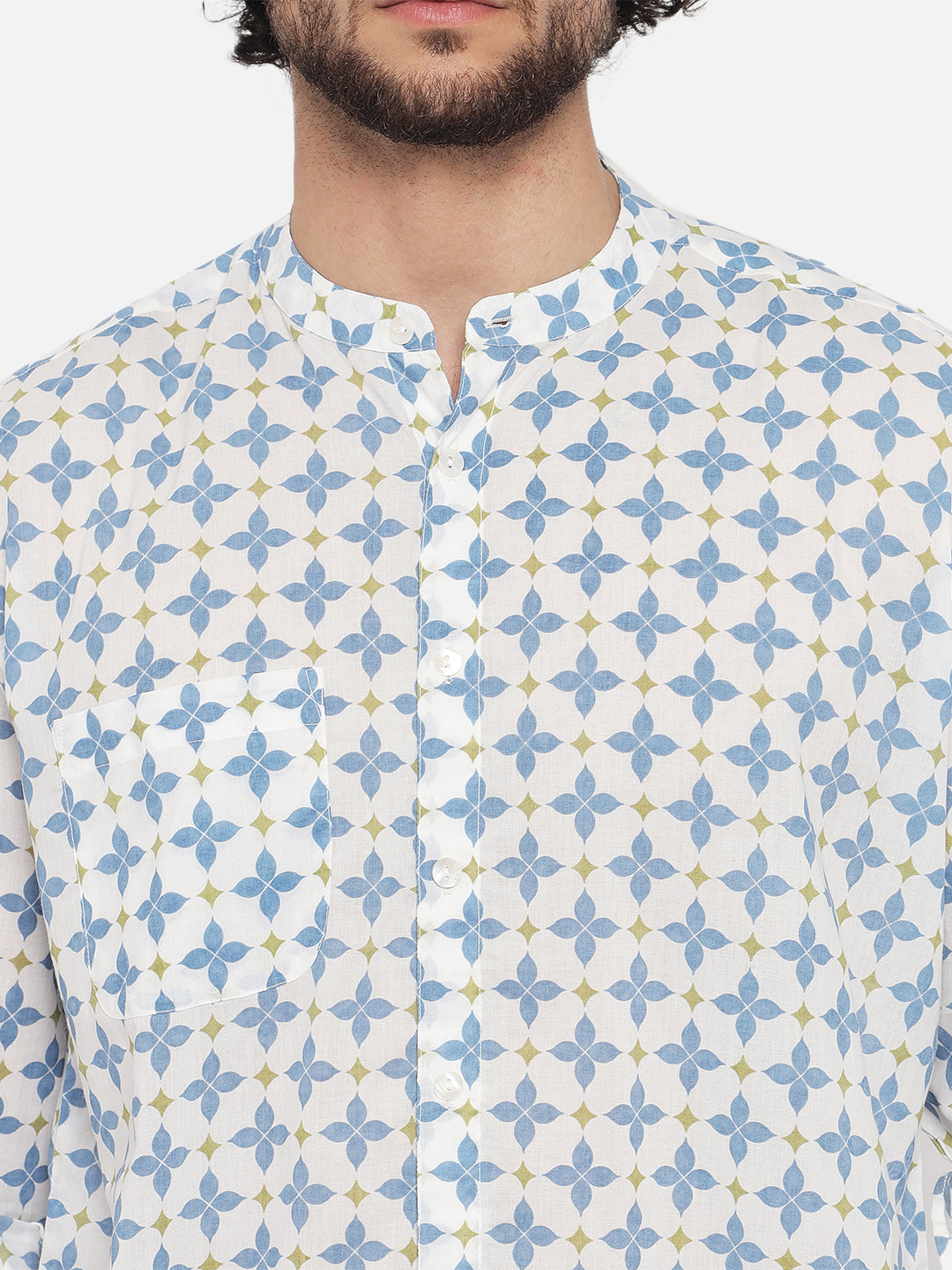 White Blue ' Jharokha Lattice ' Printed Casual Shirt